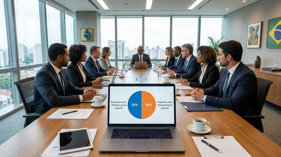 Imagem deve mostrar um gráfico de pizza dividido entre as empresas que possuem a infraestrutura necessária para implementar a IA (50%) e as que não possuem (50%)