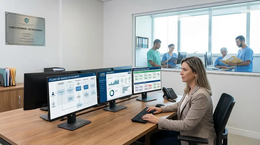 Diagrama simplificado de um fluxo de dados de pacientes em clínicas e consultórios, destacando os pontos de contato onde a IA está envolvida e as possíveis áreas de ajuste necessárias em conformidade com a ANPD
