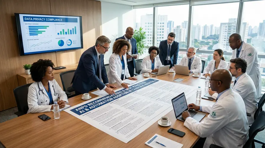 Uma tabela demonstrando as recomendações e boas práticas da ANPD para a adoção de IA e Automação em clínicas e hospitais.