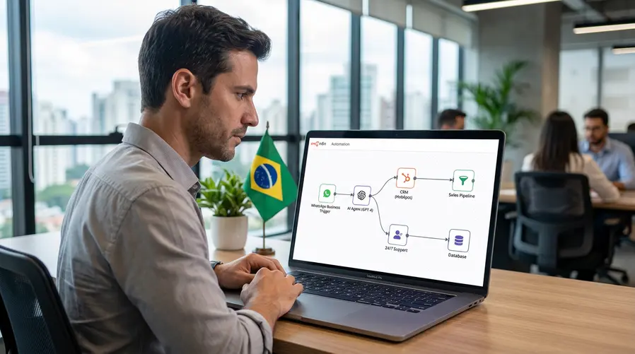 Gráfico de fluxo de trabalho no n8n exemplificando como a automação do WhatsApp funciona na prática.