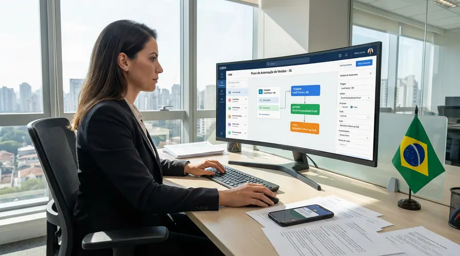 A imagem deve ilustrar como um workflow de follow-up automatizado pode funcionar, exibindo dados, ativadores e ações tomadas de forma sequencial por um agente de IA em um CRM.