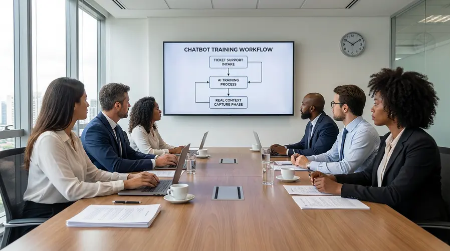 Fluxograma ilustrando o processo de treinamento do chatbot com IA a partir de tickets de suporte, mostrando a etapa de captura de contexto real.