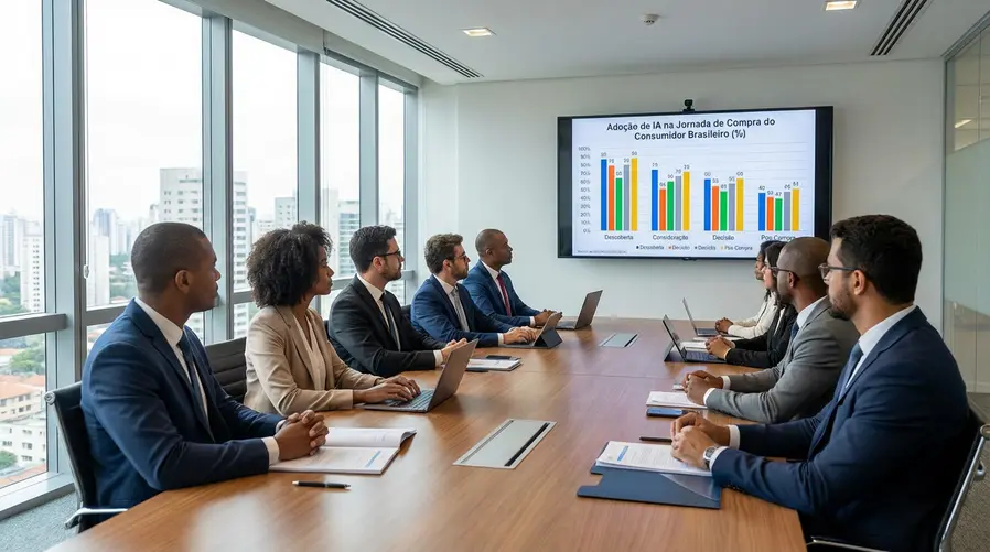Gráfico de barras mostrando a porcentagem de brasileiros que utilizaram IA em diferentes etapas da jornada de compra, ilustrando o dado principal da seção.