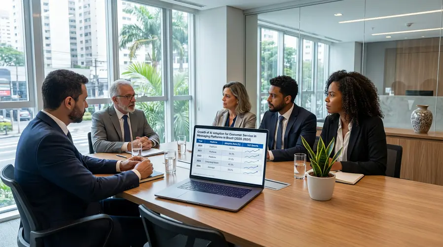 Tabela comparativa mostrando o crescimento na adoção de IA para atendimento ao cliente em plataformas de mensagens no Brasil ao longo dos anos.