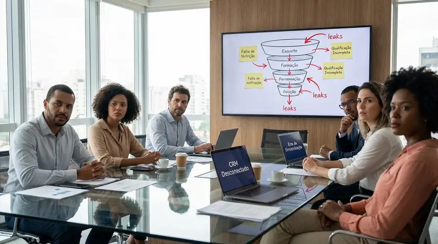 Uma representação gráfica de um funil de vendas com várias 'evasões' por falta de processos adequados. A imagem deve ilustrar o desperdício de leads em vários estágios do funil devido a falhas de nutrição e qualificação.