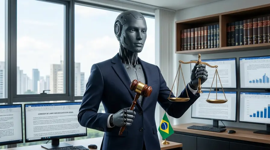 Uma ilustração de um robô advogado segurando um martelo de juiz em uma mão e uma escala de justiça na outra, em resolução transparente e ética, simbolizando as novas regras da OAB para o uso de IA na advocacia.