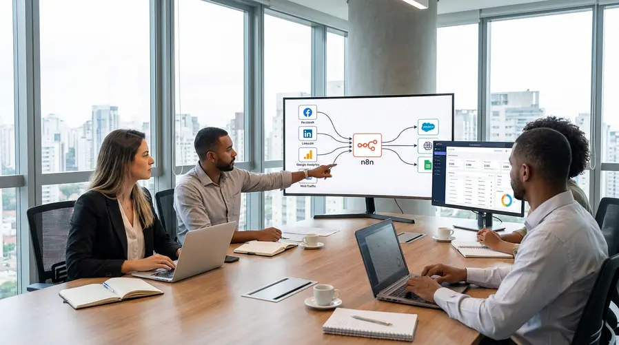 Imagem ilustrativa de um fluxo automatizado de gestão de leads mostrando a integração de várias fontes de geração de leads (como redes sociais e tráfego web), processamento via n8n e integração com um CRM.