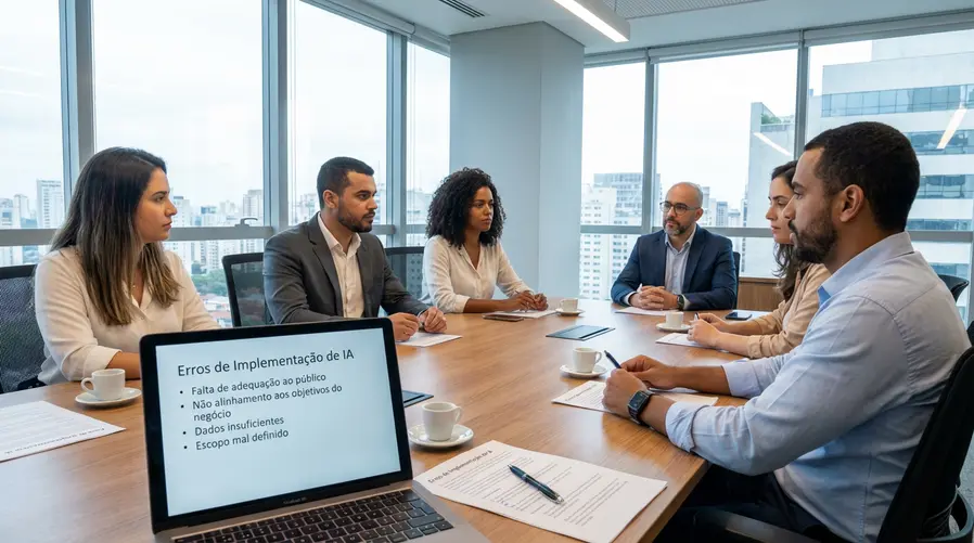 Uma ilustração mostrando uma lista de erros associados a uma implementação fracassada de IA, como, por exemplo, a falta de adequação ao público, não alinhamento aos objetivos do negócio entre outros